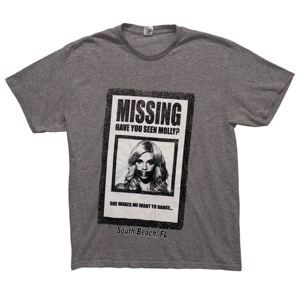 Rave Missing Have You Seen Molly Joke Parody South Beach FL Graphic Tee Gray L